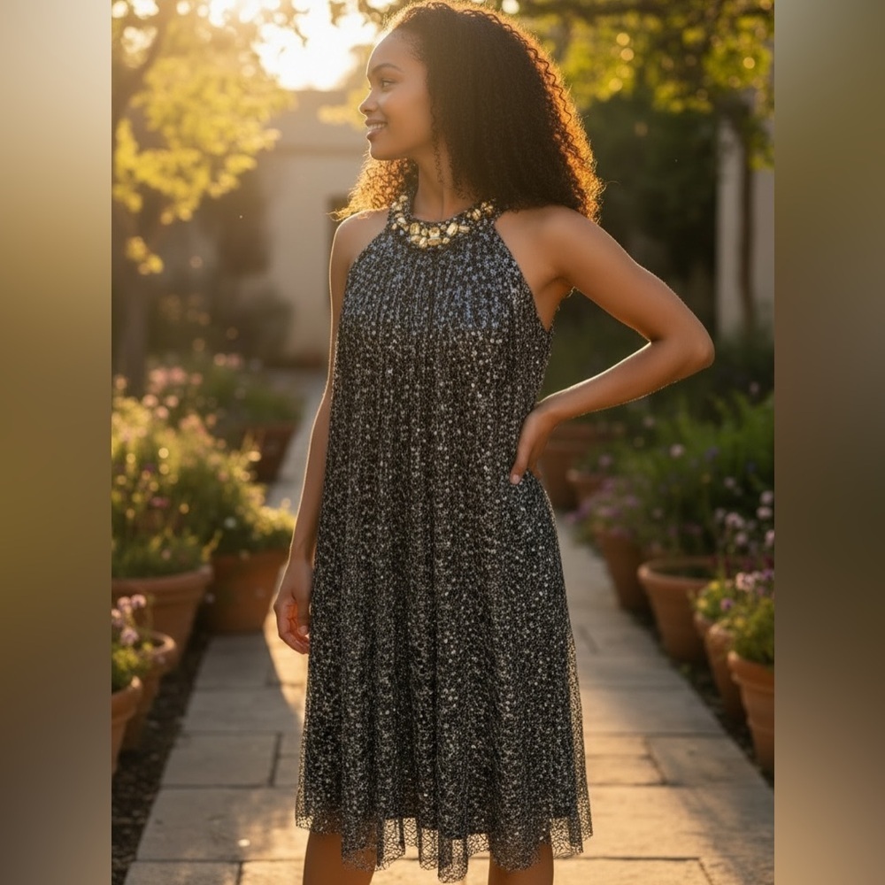 MUSE BLACK & SILVER SEQUINED MINI DRESS GOLD JEWELED NECK HALTER STYLE SIZE 10